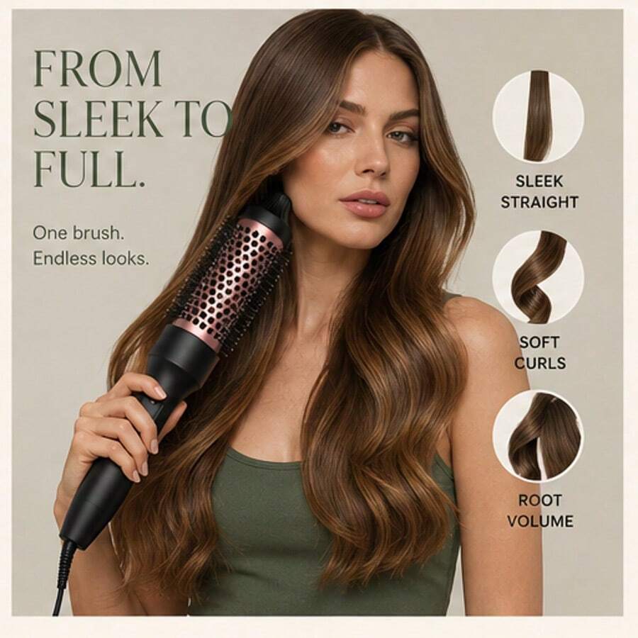 3-In-1 Curling Brush & Hair Straightener, 1.5-Inch Round Styling Brush For Soft Curls, Waves, Root Volume & Smooth Hair, Fast Styling Tool For Women, Home & Trave