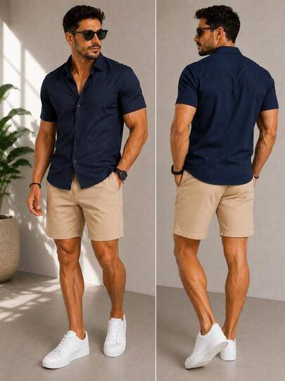 Conjunto de Camisa de Manga Curta e Shorts Casual Simples para Férias Masculino, Roupas de Verão Masculinas, Roupa de Praia e Resort