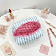 Personalized Quilted Striped Cosmetic Bag, Portable Travel Toiletry Storage Pouch With Contrast Color Zipper, Lightweight Small Makeup Organizer Bag - Multicolor - View 5