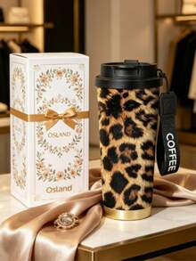 1 pieza/5 piezas Taza de café de viaje con estampado de leopardo de 500ml, vaso térmico de acero inoxidable de 500ml con cordón COFFEE, taza térmica portátil reutilizable a prueba de fugas, taza de bebida de moda para uso diario, actividades al aire libre y regalo de vacaciones - Multicolor-Estampado de leopardo - Ver 2