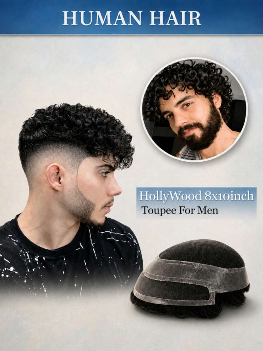Men's Fluffy Curly Human Hair Wig Piece, 10x8 Inches, Natural Realistic Wig System, 100% Human Hair, Basic Style, Halloween Costume - Natural Black - View 1