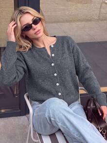 Nicenter Women's Fall Winter Grey Casual Crew Neck Button Front Long Sleeve Wool Blend Sweater Cardigan, Casual Simple For Office Daily Home Date - Grey - View 1
