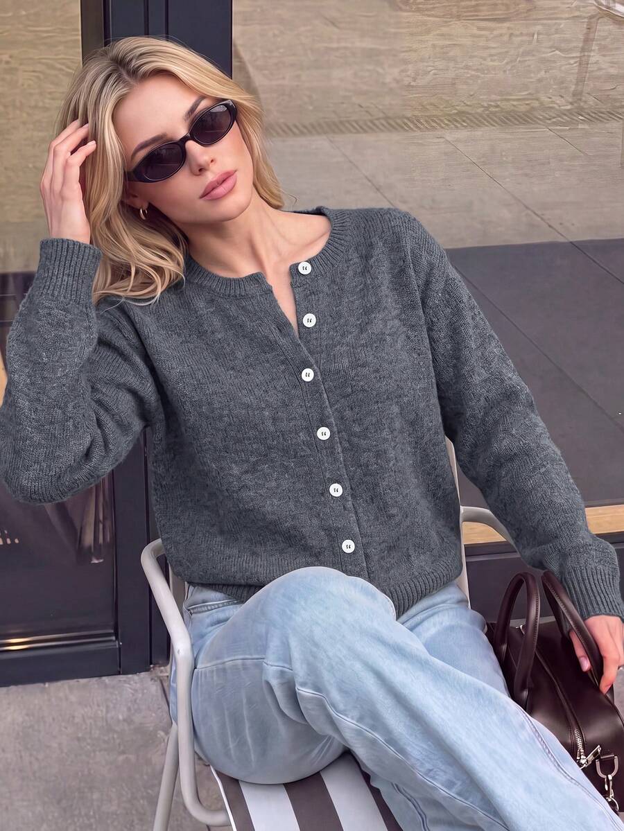 Nicenter Women's Fall Winter Grey Casual Crew Neck Button Front Long Sleeve Wool Blend Sweater Cardigan, Casual Simple For Office Daily Home Date - Grey - View 1