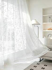1 Panel White Floral Sheer Voile Curtain, Full Embroidery, Rod Pocket Top, Suitable For Living Room, Bedroom, Room Decor Curtains, Multiple Room Types - White - View 6