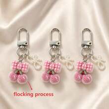 1pc/2pcs/3pcs Women's Flocked Cartoon Cherry Pendant With Faux Pearl Hollow Bowknot Accessory Keychain Cute Bag Charm - Multicolor - View 4