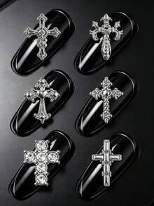 30pcs/6-Grid European Court Style 3D Alloy Cross Nail Art Charms, Assorted Glitter Cross Nail Decorations, Versatile Metal DIY Nail Supplies - Multicolor - View 2