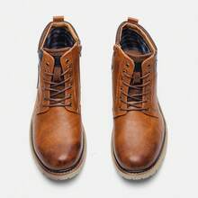 Men's Vintage Work Boots, Multi-Color Patchwork Design Upper, Inner Zipper, Non-Slip Wear-Resistant Rubber Sole, Commuting Hiking Ankle Boots - Brown - View 8