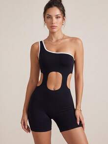 Women's Sporty Jumpsuit, Black & White Color Block, One Shoulder Hollow Out, Slimming Waist & Lifting Butt, Fitted Yoga Romper Sports - Black - View 2