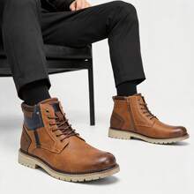 Men's Vintage Work Boots, Multi-Color Patchwork Design Upper, Inner Zipper, Non-Slip Wear-Resistant Rubber Sole, Commuting Hiking Ankle Boots - Brown - View 2