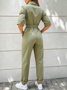 Women's Elegant Casual Solid Color Collared Long Sleeve Cinched Waist Waist Fashion Daily Jumpsuit - Olive Green - View 2