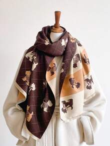 1pc Thick Cartoon Puppy Dog Rectangular Scarf 65*185cm, Brushed Polyester Faux Cashmere, Autumn Winter Shawl For Travel Party, Multi‑Use As Headscarf - Multicolor - View 8