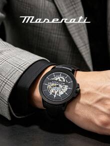 Maserati Men Automatic Watch Rose Gold Case Navy Blue Crocodile Texture Leather Band Hollow Skeleton Dial Luxury Business Wristwatch R8821119005 - WATCH - View 5