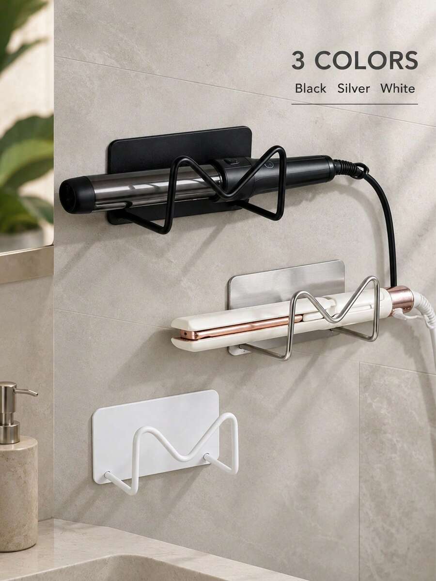 2pcs No-Drill Wall-Mounted Curling Iron/Hair Straightener Storage Rack, Multi-Function Metal Bathroom Hook, Bathroom Cabinet/Eyeglasses Storage Rack, Strong Adhesive Hair Straightener Holder, Can Be Installed Under Sink, Multi-Purpose Hair Styling Tool Wall Storage Rack - Multicolor - View 1