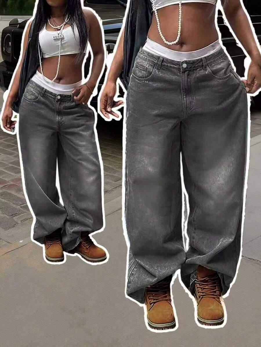 Women's Vacation Style Y2K Washed Distressed Wide Leg Jeans Casual Spring Fall - Grey - View 1