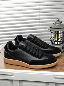 Men's Retro Black Training Casual Sports Shoes, Versatile Everyday Casual Sneakers, Lace-Up Flat Casual Shoes For Office And Commuting - Black - View 5