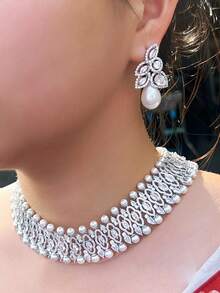 1 Set Luxurious Silver Plated Cubic Zirconia Wide Choker Pearl Necklace And Earrings Wedding Brides Jewelry Set For Women Banquet Party Anniversary Gift - White - View 2