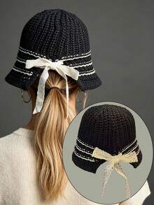 1 PC Women's Crochet Bow Ribbon Bucket Sunshade Hat - Lightweight Packable Faux Straw Sun Hat For Outdoor Beach Travel Hiking - Black - View 1