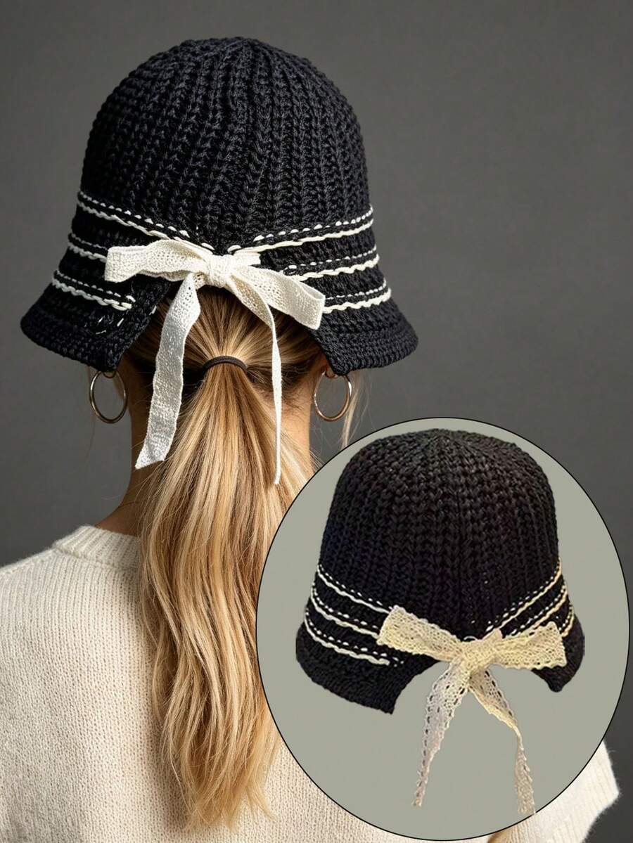 1 PC Women's Crochet Bow Ribbon Bucket Sunshade Hat - Lightweight Packable Faux Straw Sun Hat For Outdoor Beach Travel Hiking - Black - View 1