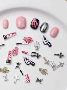 Halloween Vintage Gothic Nail Art Decoration Set, 3D Alloy Skull, Bone And Cross Design, Rhinestone DIY Nail Decor - Multicolor - View 4