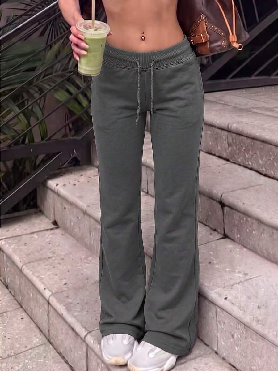 NOIRLYN Women's Fall High Waist Drawstring Flare Sweatpants, Slim Fit Floor-Length Casual Trousers Winter - Dark Grey - View 1
