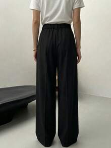 Women's Solid Black Casual Business Elegant Straight Leg Pants With Pocket, Suitable For Daily Wear, Office Commute, Zipper Trousers For Office Lady - Black - View 4