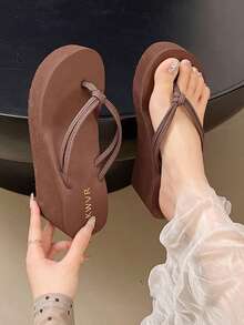 Women's Thick-Soled Wedge Flip Flops, Summer Height-Increasing Non-Slip Thong Sandals, Outdoor Beach Casual Slides - Brown - View 8