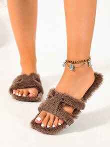 Ximi Ruo Pantuflas de mujer de unicolor con piel sintética suave y plana, uso casual para vacaciones, playa, hogar, interior y exterior, otoño e invierno, cálidas, estilo simple y de moda, con forro suave y esponjoso, zapatos tipo slip-on para mujer, cómodos, ligeros, versátiles, para uso diario, viajes y salidas, estilo suave y delicado, pantuflas de forro polar de doble uso para hogar y exterior - Café integral - Ver 4