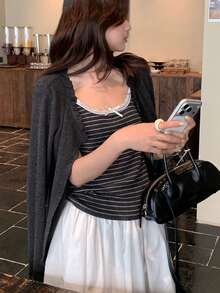 Spring/Autumn Frill Trim Knit Cardigan & Striped Camisole 2 Pieces Set, Slimming Layered Outfit For Women, Versatile Style - Dark Grey - View 1