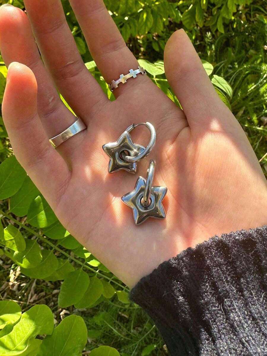 2件組龐克風星星鉚釘耳環，復古嘻哈Y2K女款耳環 - 銀色 - 查看 1