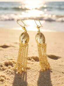 A Pair Of Textured Oval Tassel Dangling Earrings, Bohemian Ear Hook Jewelry, Gift For Ramadan Eid Al Fitr, Exquisite Seaside Vacation Accessories - Irregular Frame Stud Earrings - View 6