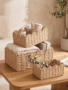 1pc/3pcs(S+M+L) Woven Rattan Storage Basket, Handmade Wavy Edge Organizer Box, Multi-Functional Decorative Tray, Suitable For Cosmetics, Desk, Bathroom, Bedroom, Closet Countertop Organization, Home Decor, Kitchen Clutter Storage, Gift Basket - Khaki - View 3