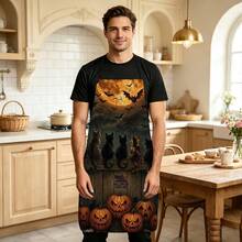 1pc Halloween Cats & Bats Print Apron, Featuring Full Moon, Cats Sitting On Wooden Fence, And Spider Web Pattern, Durable Cooking Apron Suitable For Bakers, Cake Decorators, Pet Groomers, Painters, Nail Artists - Personalized Gift For Home And Professional Chefs - Multicolor - View 4