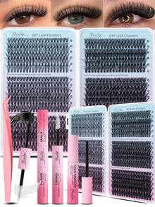 6-Piece 1-Set D Curl Cluster False Eyelashes Kit, Includes Glue (Bonding & Sealing), Remover, Tweezers, Mixed Styles, Suitable For Beginners DIY Home Use, Applicable For Wedding/Daily/Travel/Gift, Single Cluster False Eyelashes - Baby Blue - View 1