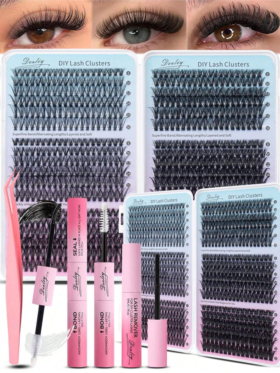 6-Piece 1-Set D Curl Cluster False Eyelashes Kit, Includes Glue (Bonding & Sealing), Remover, Tweezers, Mixed Styles, Suitable For Beginners DIY Home Use, Applicable For Wedding/Daily/Travel/Gift, Single Cluster False Eyelashes - Baby Blue - View 1