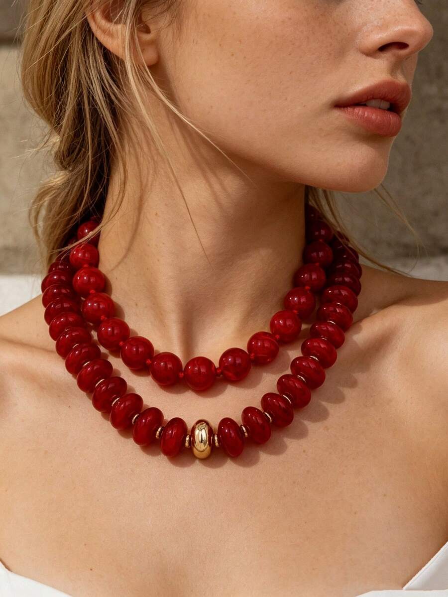 OABE 2pcs/Set Bohemian Style Elegant Red Round And Oval Beaded Layered Necklace, Suitable For Women's Daily Wear - Redwood - View 1