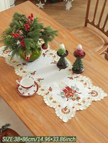 1pc Christmas Candle And Poinsettia Embroidered Table Runner, Hollow Carved Design, Vintage Christmas Table Decor, Suitable For Dinner Party, Family Gathering, Home Holiday Decoration - Multicolor - View 16