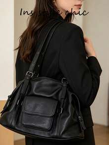 American Vintage Distressed Soft Leather Pillow Bag, Metal Buckle Adjustable Shoulder Strap, Front Pocket Design, Hot Girl Commuter Handheld Shoulder Boston Women's Bag - Black - View 4