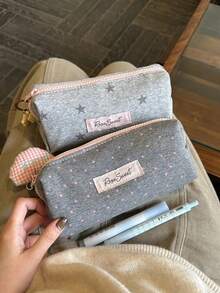 1pc (Keychain Not Included) Light Gray Large Star Pencil Case, Fresh Fashion Large Capacity Stationery Storage Bag, Cute Fashion Makeup Bag, Suitable For Middle School Girls, Student Desk Stationery Storage Bag - Fresh and Simple - View 8