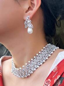 1 Set Luxurious Silver Plated Cubic Zirconia Wide Choker Pearl Necklace And Earrings Wedding Brides Jewelry Set For Women Banquet Party Anniversary Gift - White - View 4
