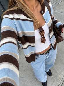 Plus Size Women's Striped Colorblock Button Knit Cardigan - Multicolor - View 4