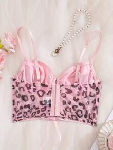 Women's Leopard Print Bow Decor Sexy Everyday Spaghetti Strap Bra - Pink - View 2