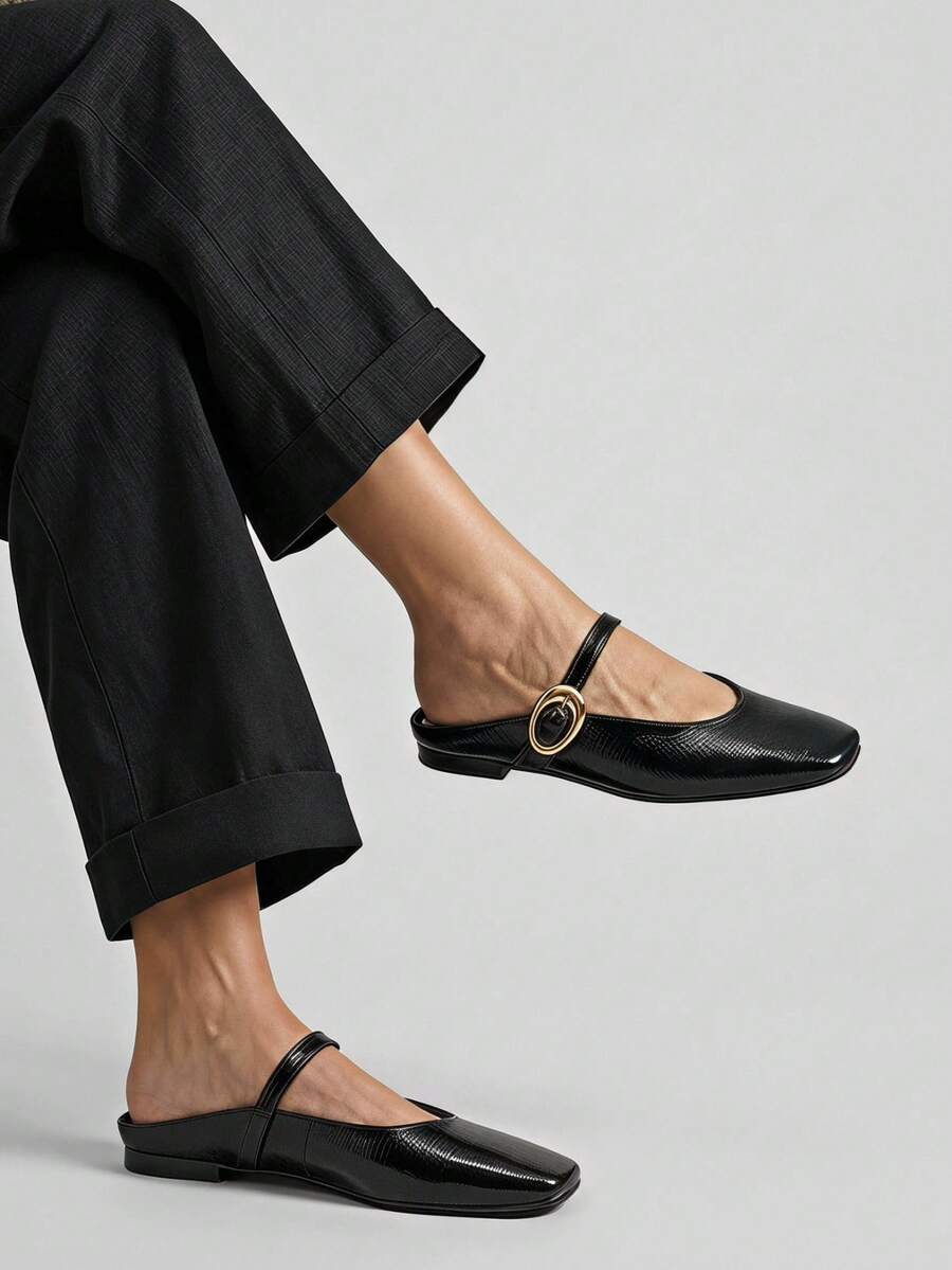 Bailarinas Zuecos Balerinas Flats Planas para Mujer con Pulsera Ajustable y Hebilla Metálica - Negro - Ver 1