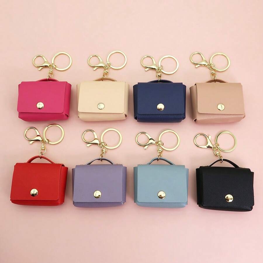 1pc PU Leather Earphone Case Protective Cover Small Square Coin Purse Keychain Pendant Car Key Bag Portable - Multicolor - View 1