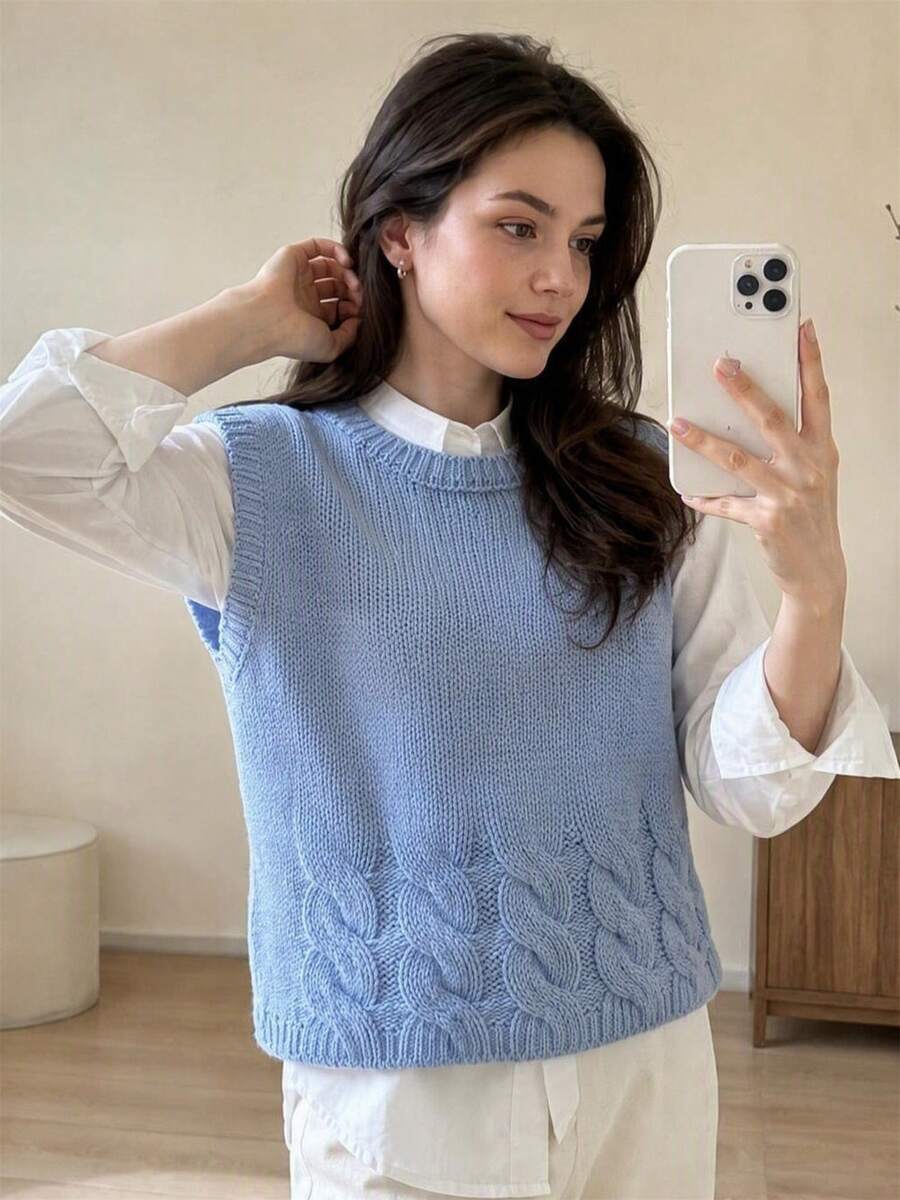 Wixra Women's Crew Neck Cable Knit Sleeveless Sweater Vest, Loose Fit Solid Knit Waistcoat Top - Dusty Blue - View 1