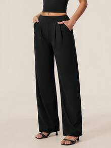 TimeOff Women's 1pc Solid Color Autumn/Winter Pleated Front Side Pocket Straight Leg Wide Leg Pants - Black - View 8