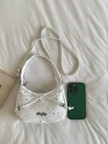 時尚休閒女款單肩包，蝴蝶結抽繩裝飾，精緻小巧設計，條紋款，適合日常出門、購物、約會、聚會、通勤，四季皆宜，追求時尚休閒風格女性的首選禮物 - 白色 - 查看 6