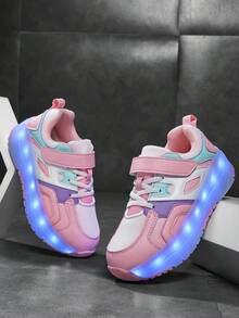BLSART 1 Pair Girls PU Hook & Loop Lace-Up Design Breathable Fabric LED Light Thick Sole Low-Top Colorblock Patchwork Cute Roller Skate Shoes Detachable Dual-Use Kids Sports Shoes Suitable For Spring Summer Autumn - Pink - View 4