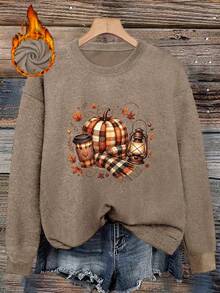 Plus Size Women Plaid Pumpkin Coffee Lantern Autumn Leaf Pattern Print Loose Crew Neck Pullover Sweater - Earth Gray - View 1