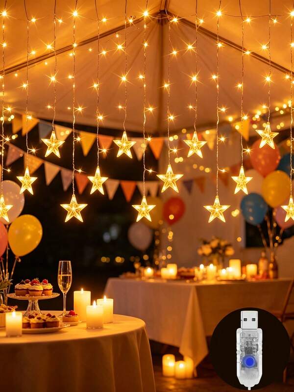 1pc 96 LED Colorful Star String Lights, Powered By USB, Featuring 8 Different Flashing Modes, Perfect For Festive Decorations During Ramadan, Easter, Thanksgiving, Valentine'S Day, Weddings, Birthday Celebrations