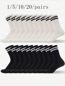 20 Pairs Women's Black & White Solid Color Double Stripe Socks, Women's Socks, Women's Compression Socks, Boot Socks, Sports Shoes, Couple Multi-Functional Breathable Mid-Calf Socks - Suitable For All Seasons, Autumn Clothing, Perfect For School, Daily Outdoor Leisure, Sports, Outdoor Picnic And Other Activities, Halloween, Christmas And Valentine's Day Gifts - Black and White - View 4